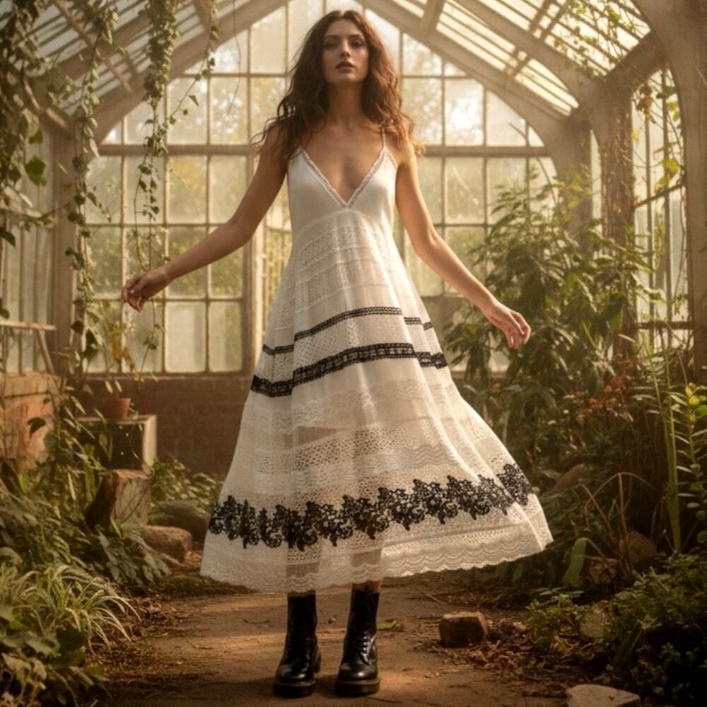By Anthropologie Whimsigoth Boho Tiered Maxi Dress Contrast Crochet Lace SZ L